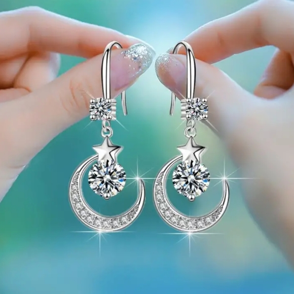 STERLING SILVER PLATED MOON AND STAR GEMSTONE EARRINGS - Picture 2 of 2